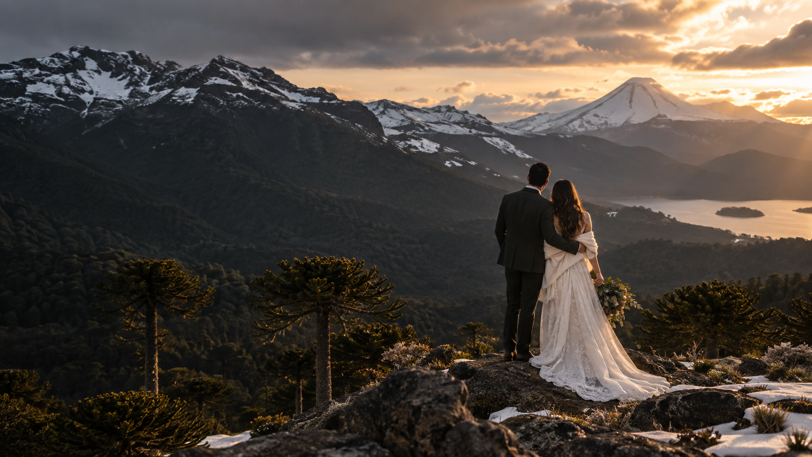 Casal em uma cerimônia intimista entre montanhas nevadas no Chile